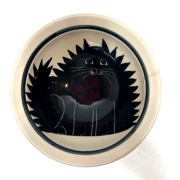 Karen Donleavy Hand Thrown Ceramic Fat Cat Design Bowl Black White 6.5"Dia 2.5"H - Picture 1 of 5